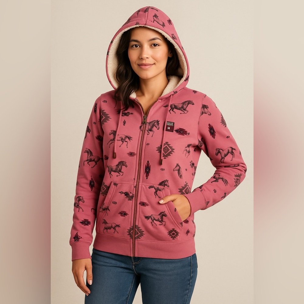 C.E. Schmidt Women’s Sherpa Lined Zip Hoodie – Pink Horse & Aztec Print, Size M